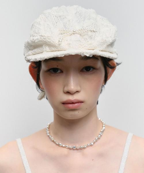 Pearl Trim Flat Cap [Ivory]