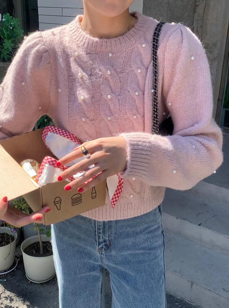 러블리 퍼프 진주 꽈배기 니트 4color