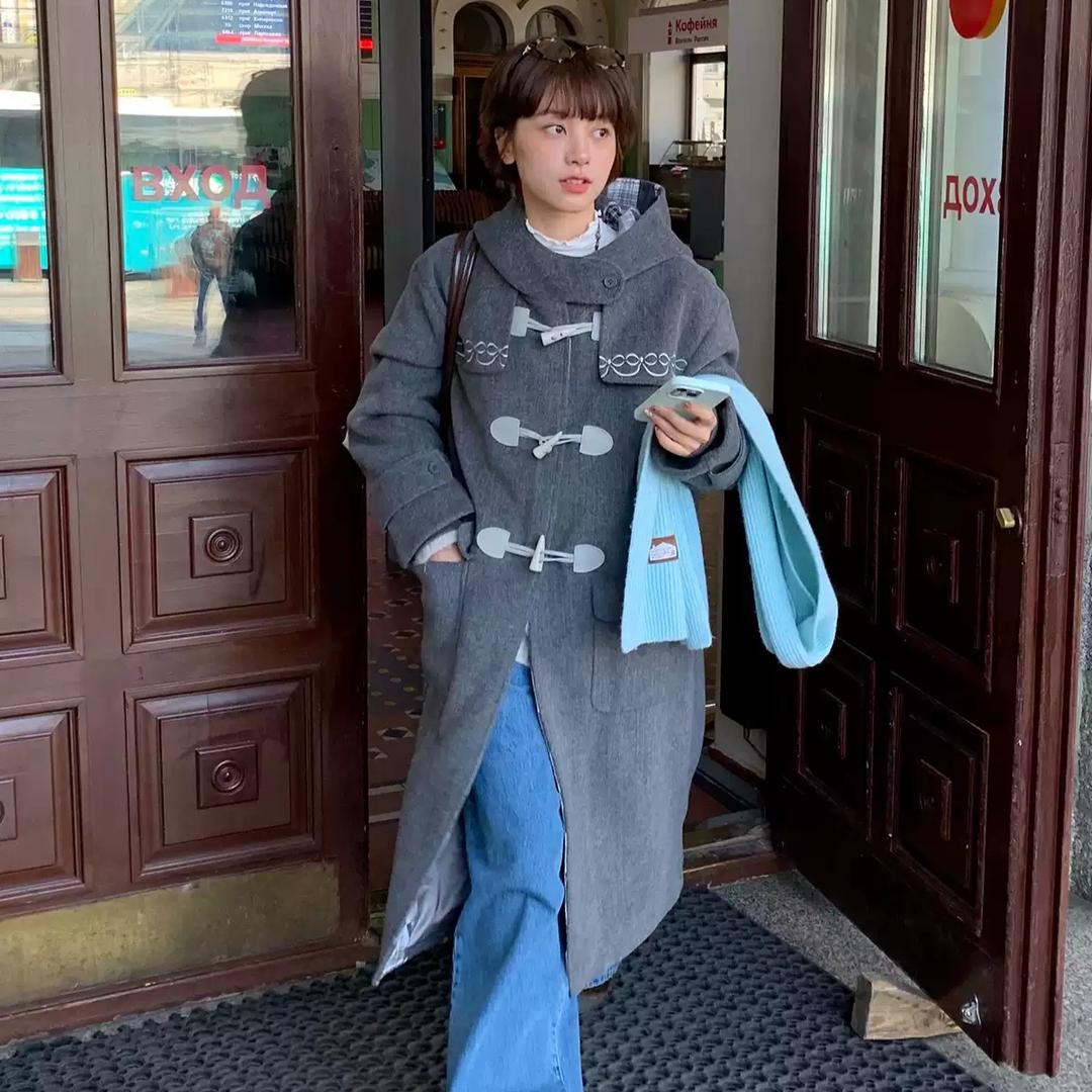 MeihaoStore 모직 후드 코트 리본 자수 체크안감 그레이 떡볶이 코트