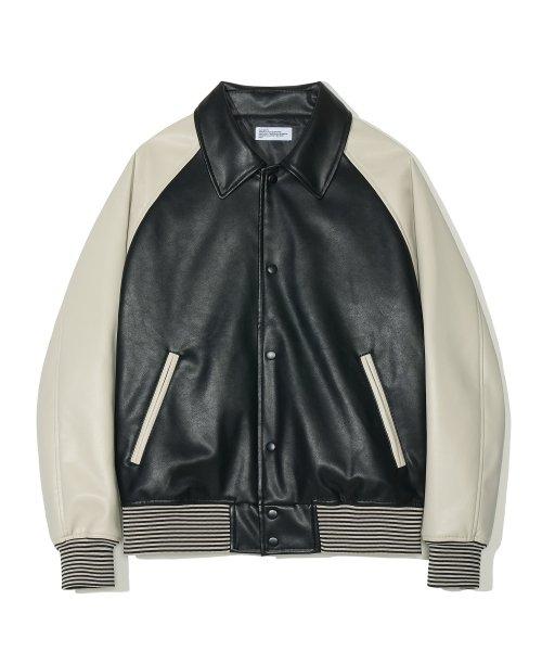 [비건 레더] 래글런 바시티 자켓 블랙