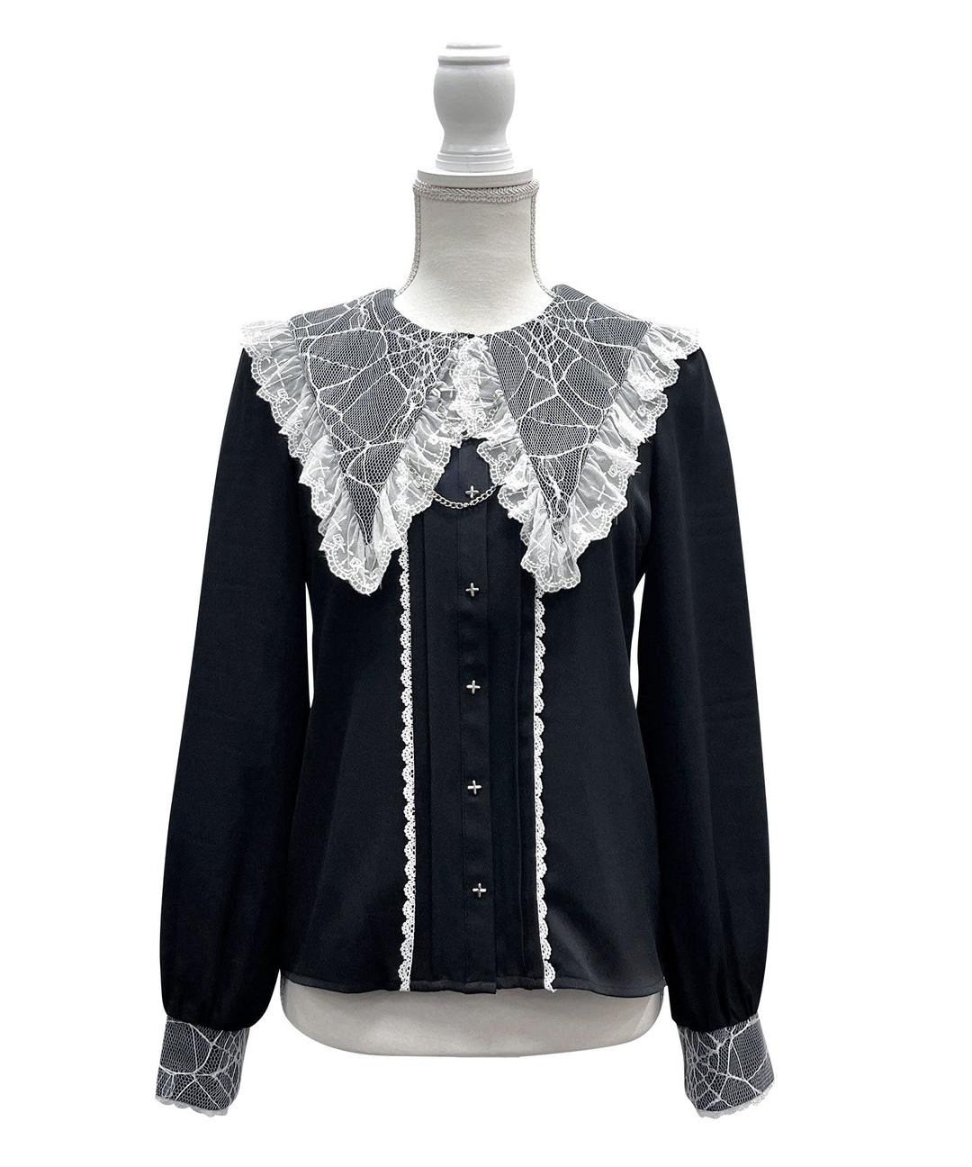 【まとめ買い対象】角襟クモレースチェーンブラウス - ブラック×ホワイト / M