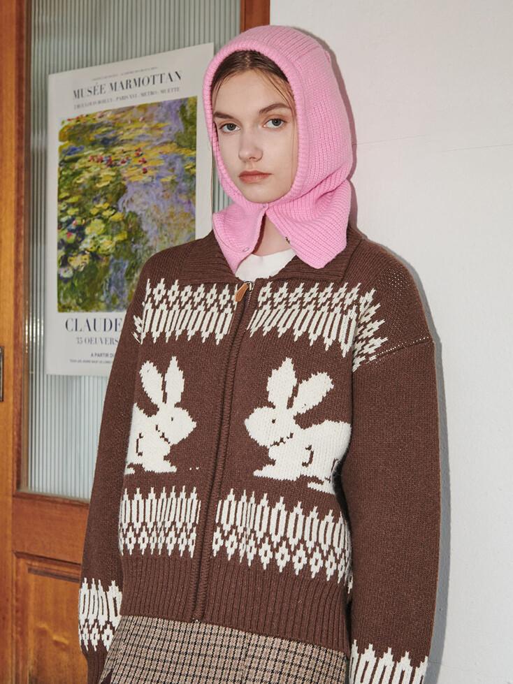 RABBIT JACQUARD WOOL KNIT ZIP-UP_BROWN (EEOR4CDR02W)