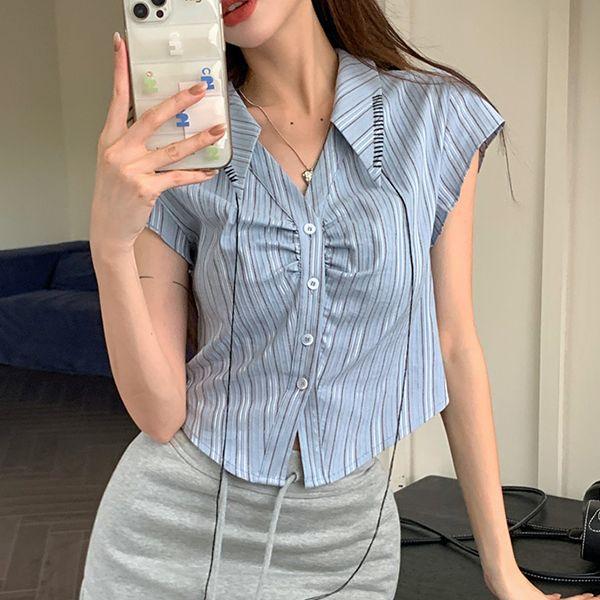 린다걸 스트라이프 셔링 크롭 반팔 셔츠 남방 생일룩 파티룩 워터밤 흠뻑쇼 장마 소개팅 124060705