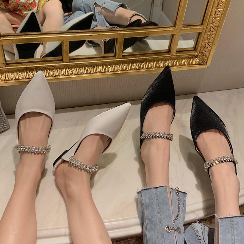 델로아 1cm 새틴 스틸레토 큐빅 스트랩 플랫 블로퍼 2color