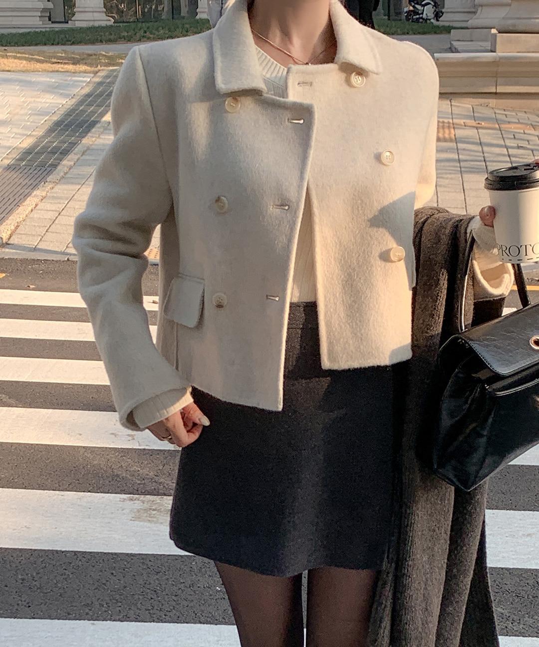 (울100%) 린브에 핸드메이드 카라 울 숏 더블 크롭 자켓