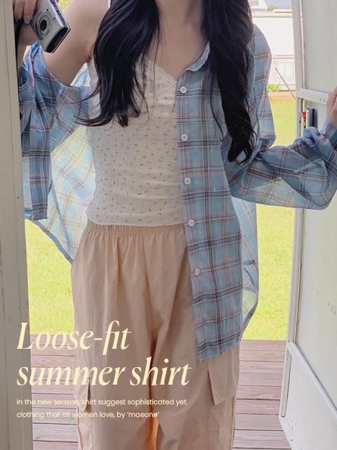 [체크or베이직][살안타템] 셀링 루즈핏 시스루 썸머 셔츠 (44~77) (빅사이즈-휴가룩-오버핏-썸머셔츠-여름긴팔셔츠-시스루남방-간절기아우터-장마템-페스티벌룩-흠뻑쇼-워터밤)
