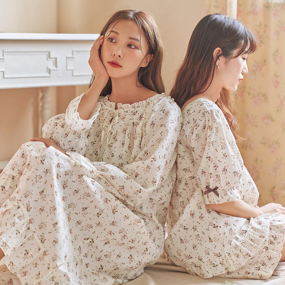 안파 커플 잠옷 파자마 홈웨어 선물 집들이 수면 신혼부부 면 원피스 투피스 반팔 긴팔 춤추는 들꽃 세트 ANPA35