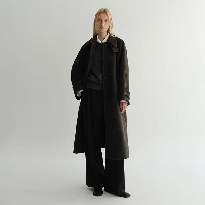WOOL BALMACAAN COAT (DARK BROWN HERRINGBONE)