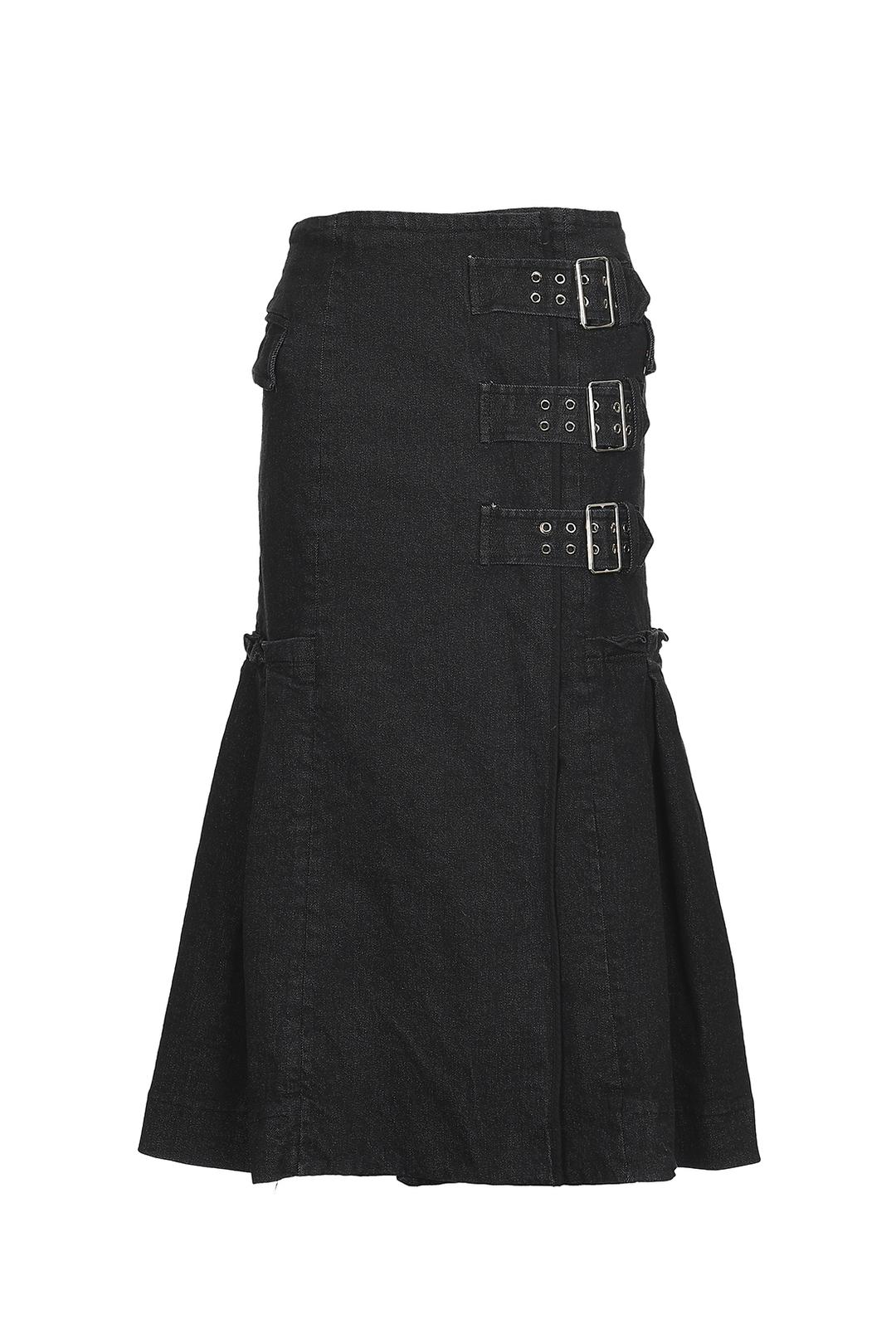 버클 디테일 데님 미디 스커트