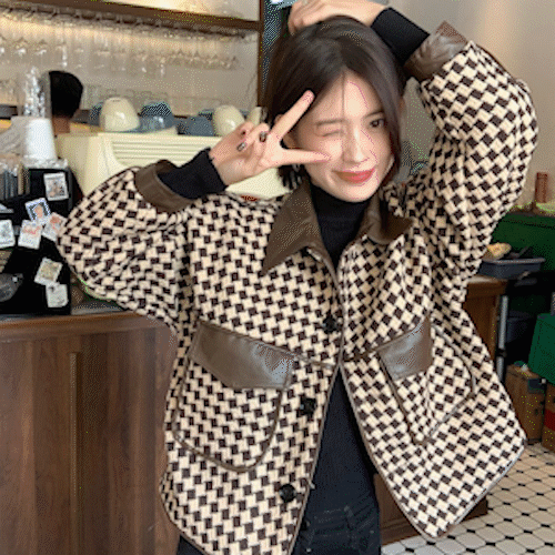 [겨울자켓/겨울신상]하운드 체크 숏자켓 블랙 브라운 겨울 갈색 가죽자켓