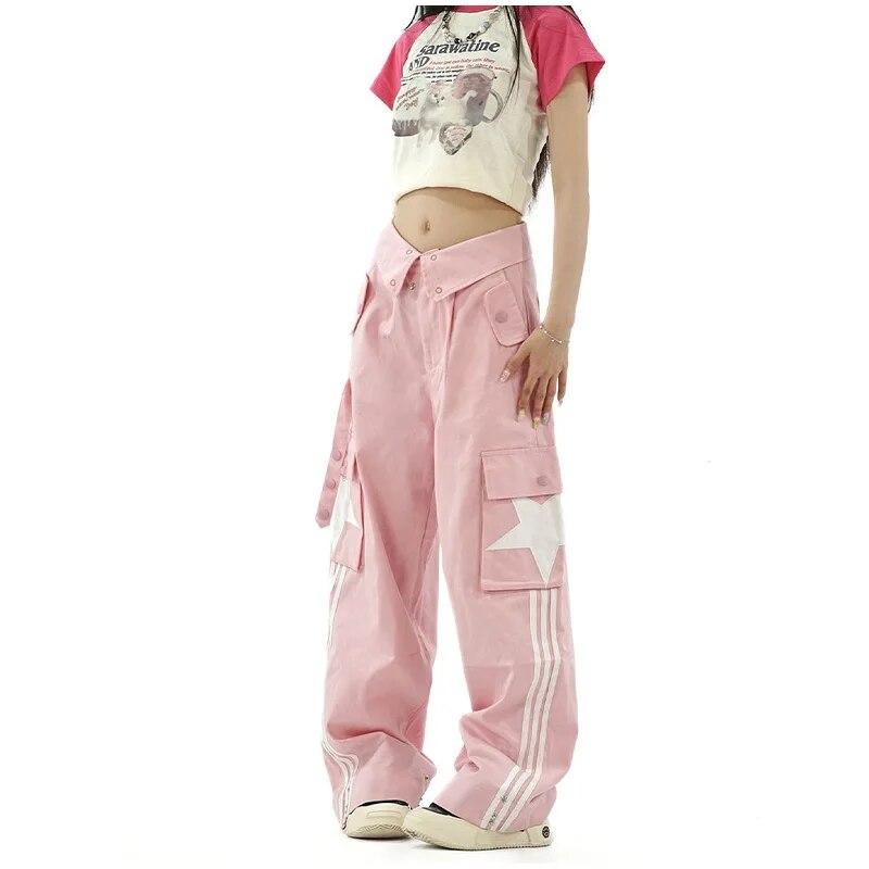 Y2K 한국 핑크 스타 헐렁한 카고 바지, 스트리트웨어 낙하산 조거 스웻팬츠, 와이드 레그 스트레이트 바지, 여성 의류, 오버사이즈