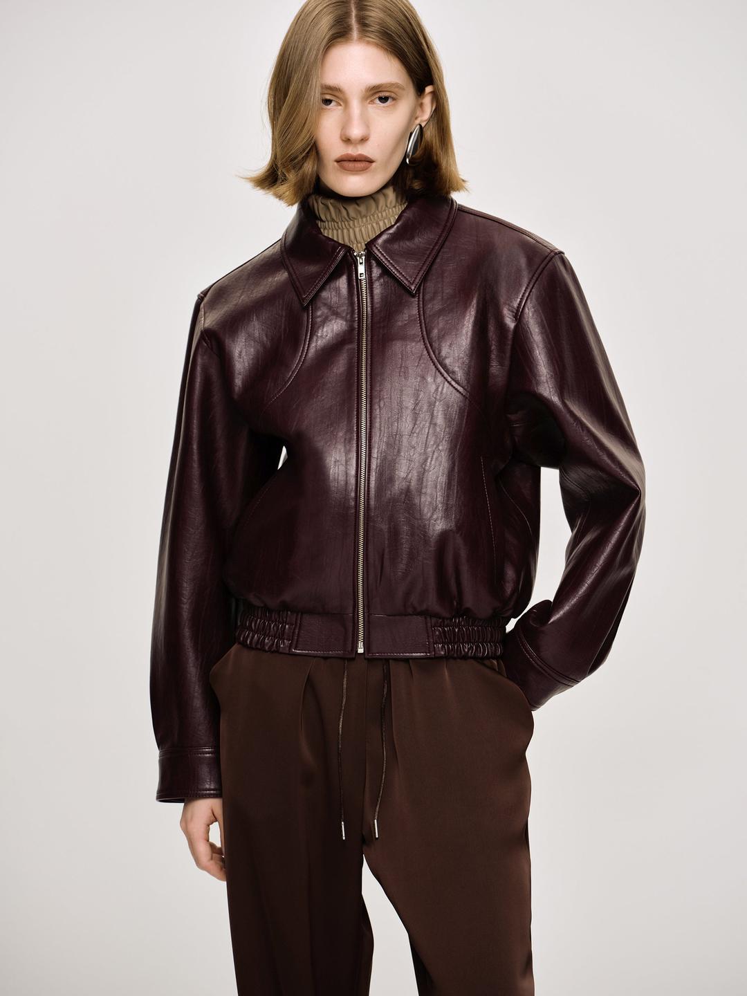 Ennio Faux-Leather Bomber Jacket, Mahogany - One Size / Mahogany