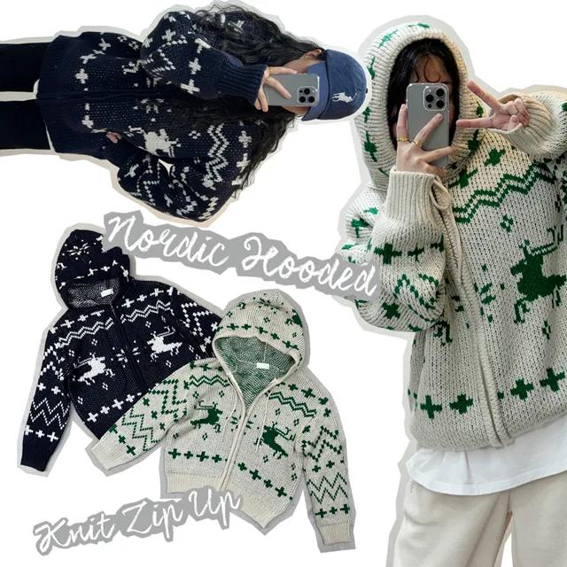 남녀공용 빈티지 노르딕 니트 후드 집업