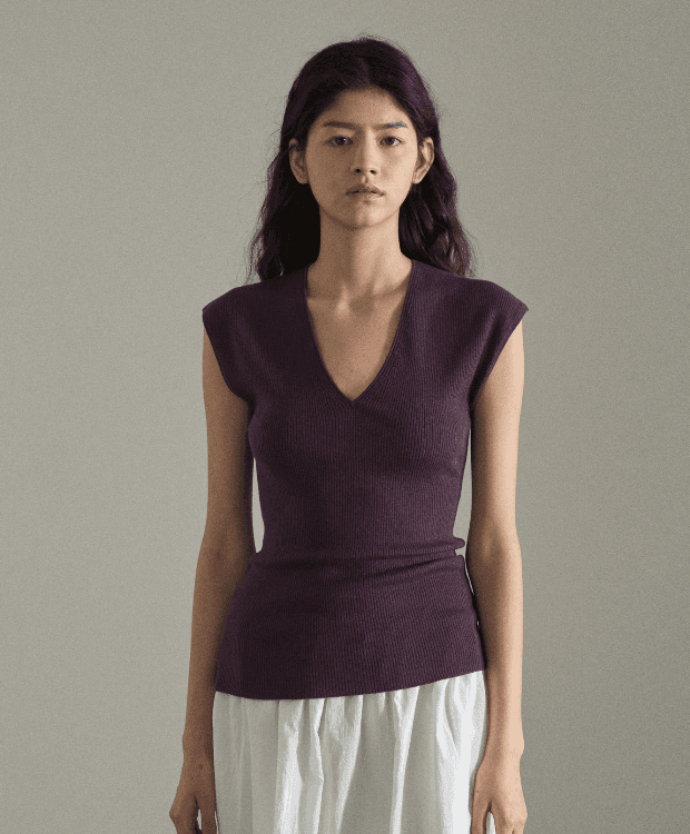 딥 브이넥 골지 반팔 니트