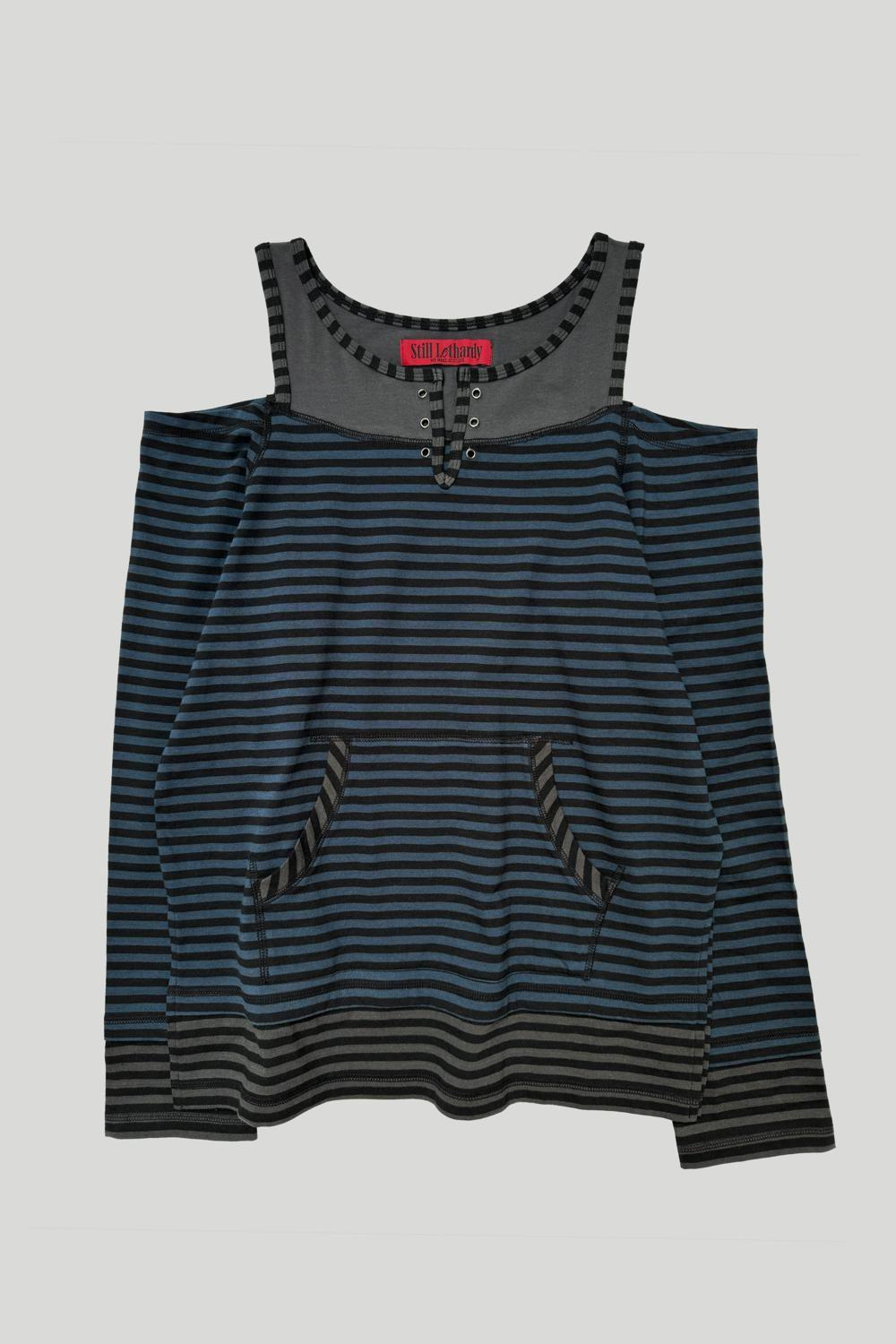 [STILL LETHARDY] OVERLOCKED OFF-SHOULDER T-SHIRT : ST. BLUE