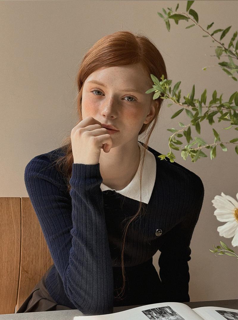 트위 리멧 카라 배색 긴팔 니트