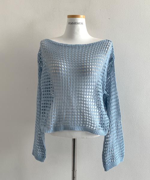(Vintage)Mesh U Neck Loose Knit(Blue)