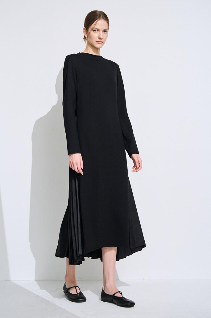 [TIME] 울 텍스처 블록 플리츠 드레스