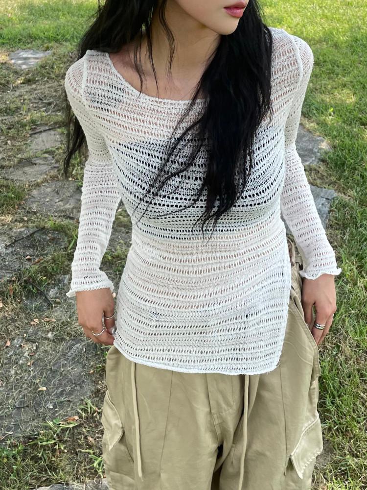 웨스턴 슬릿 자가드 시스루 니트