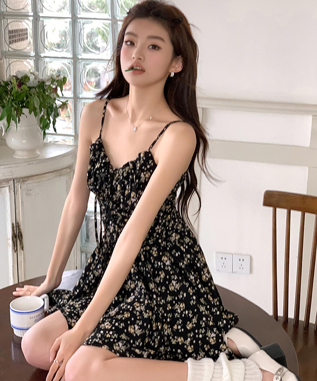 샤샤클럽 *당일발송* [3천장판매✨][BEST 휴양지룩] 뷔스티에 플라워 나염 셔링 플레어 프릴 러플 나시 미니 원피스 드레스 휴양지 바캉스 Z-8157