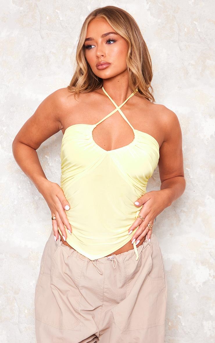 Lemon Slinky Ruched Plunge Halter Neck Crop Top