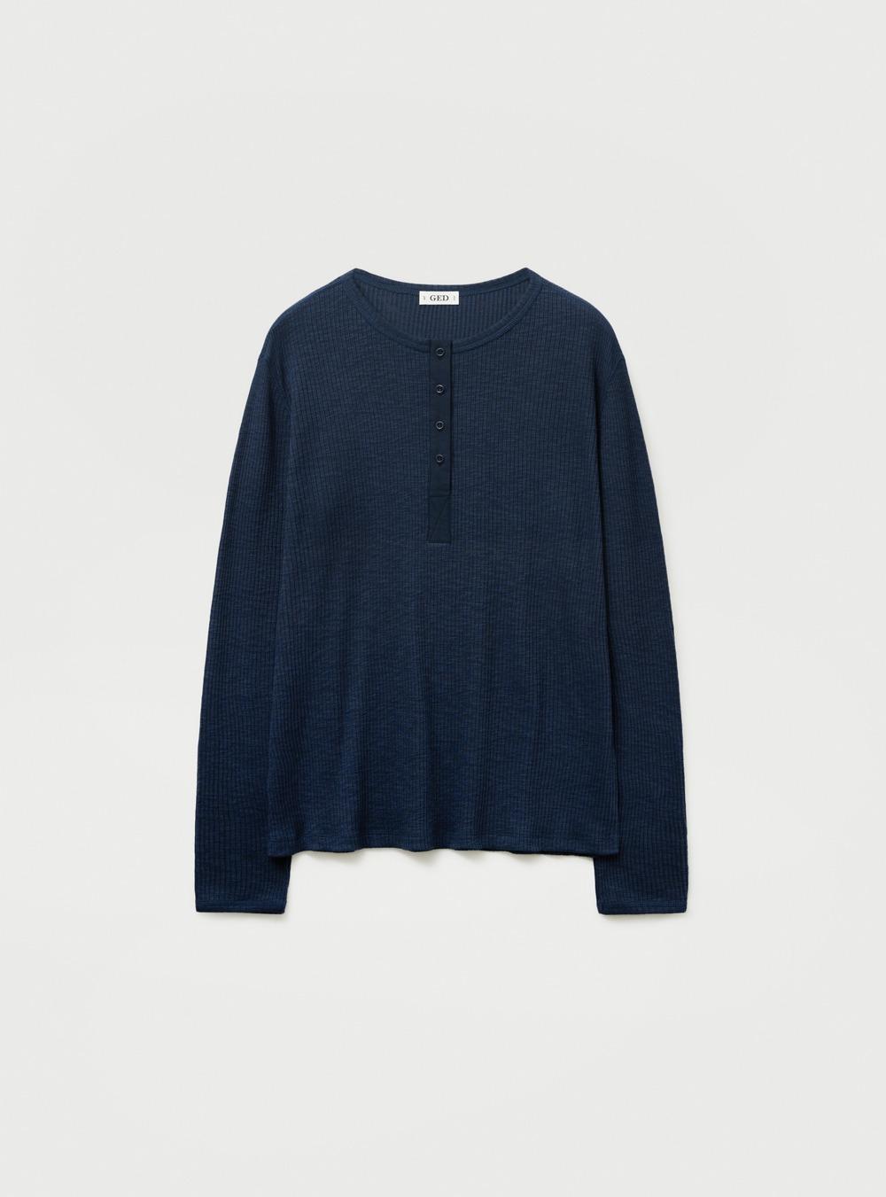 RIBBED HENLEY-NECK TEE - NAVY