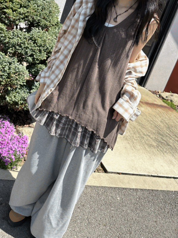 신시 체크 더블프릴 레이어드 미니원피스