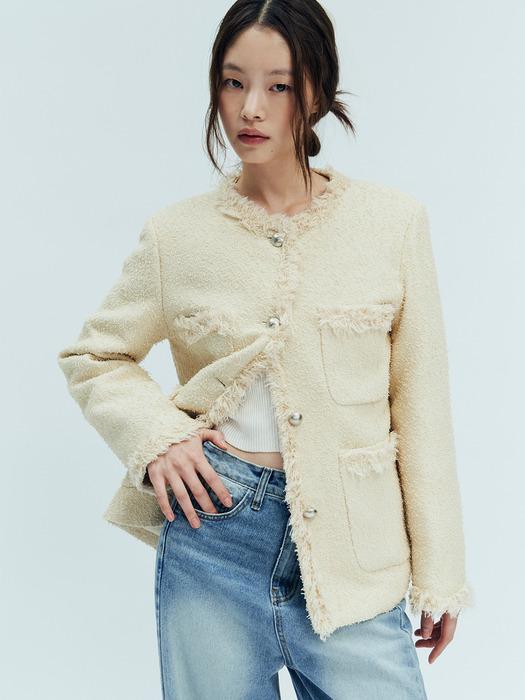 [단독]Fringe Pocket Tweed Jacket, Cream Yellow