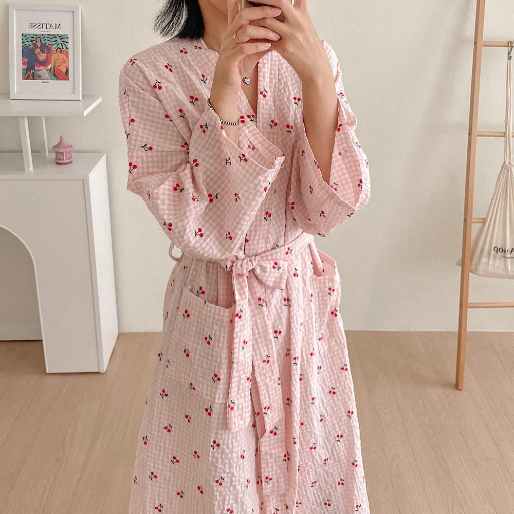 체크 체리 긴팔 봄 가을 로브 잠옷 가운 파자마