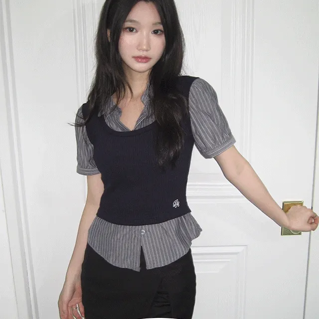[긱시크🖤/일체형] 베스트 레이어드 반팔 스트라이프 셔츠