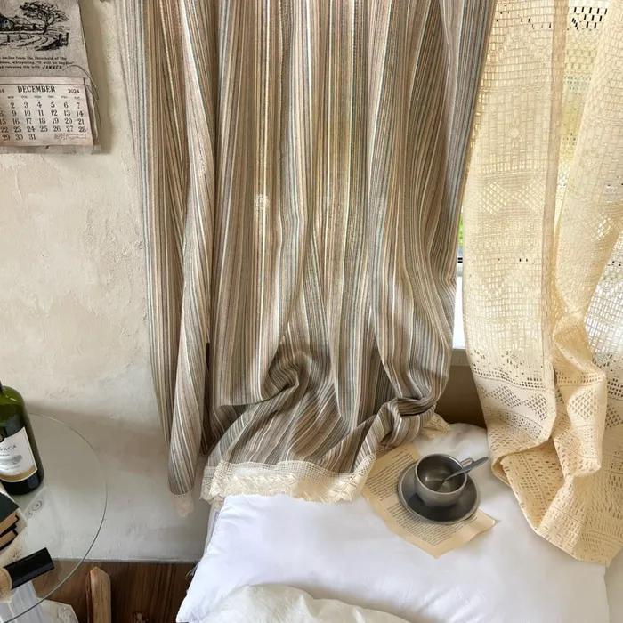 크림드 우드 스트라이프 빈티지 커튼