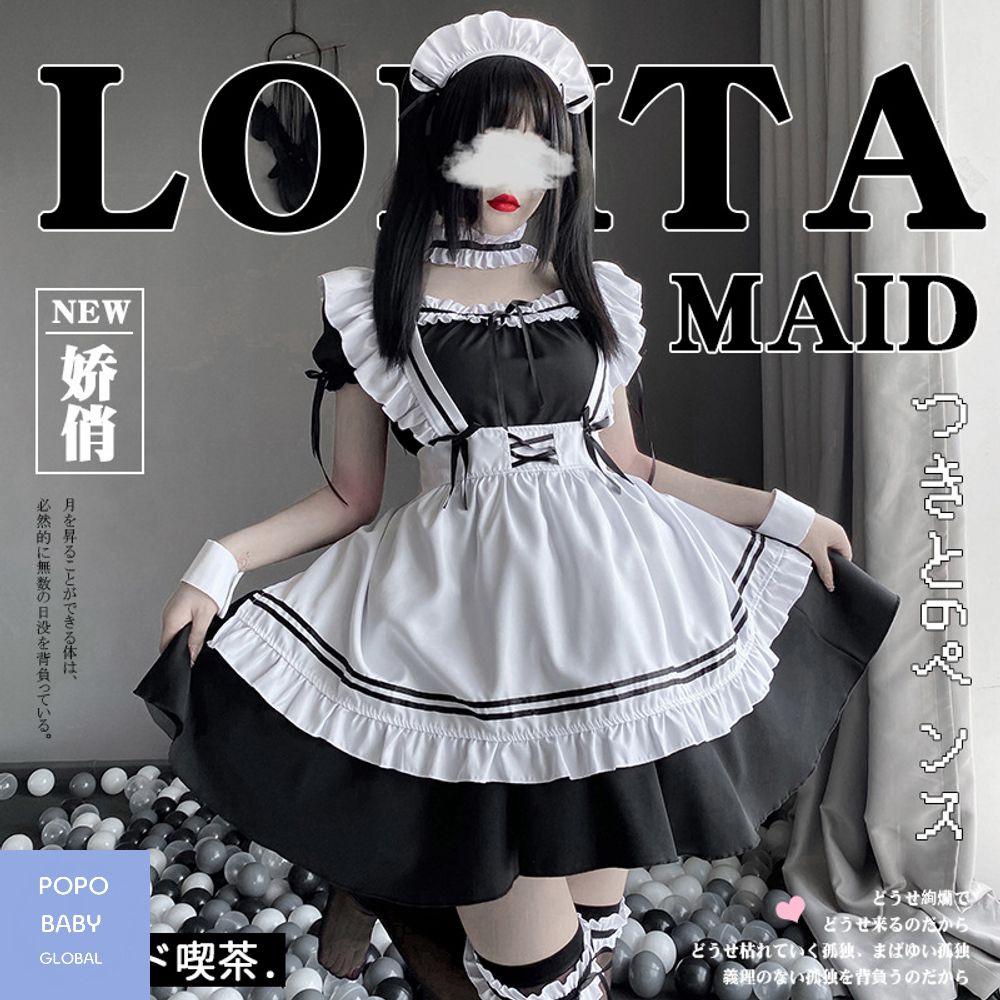 로리타 코스프레 코스튬 메이드복 풀 세트
