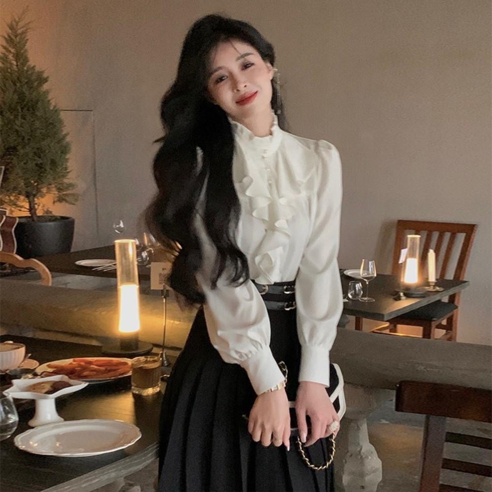 러플 진주 새틴 긴팔 블라우스