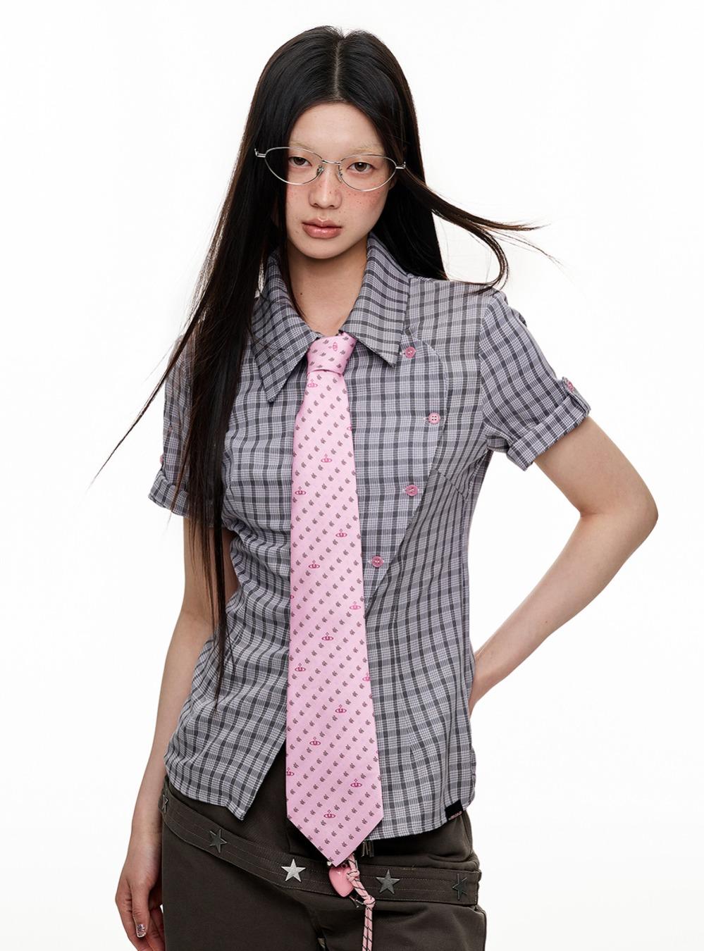 Diagonal Button Design Check Slim Shirt (2color)
