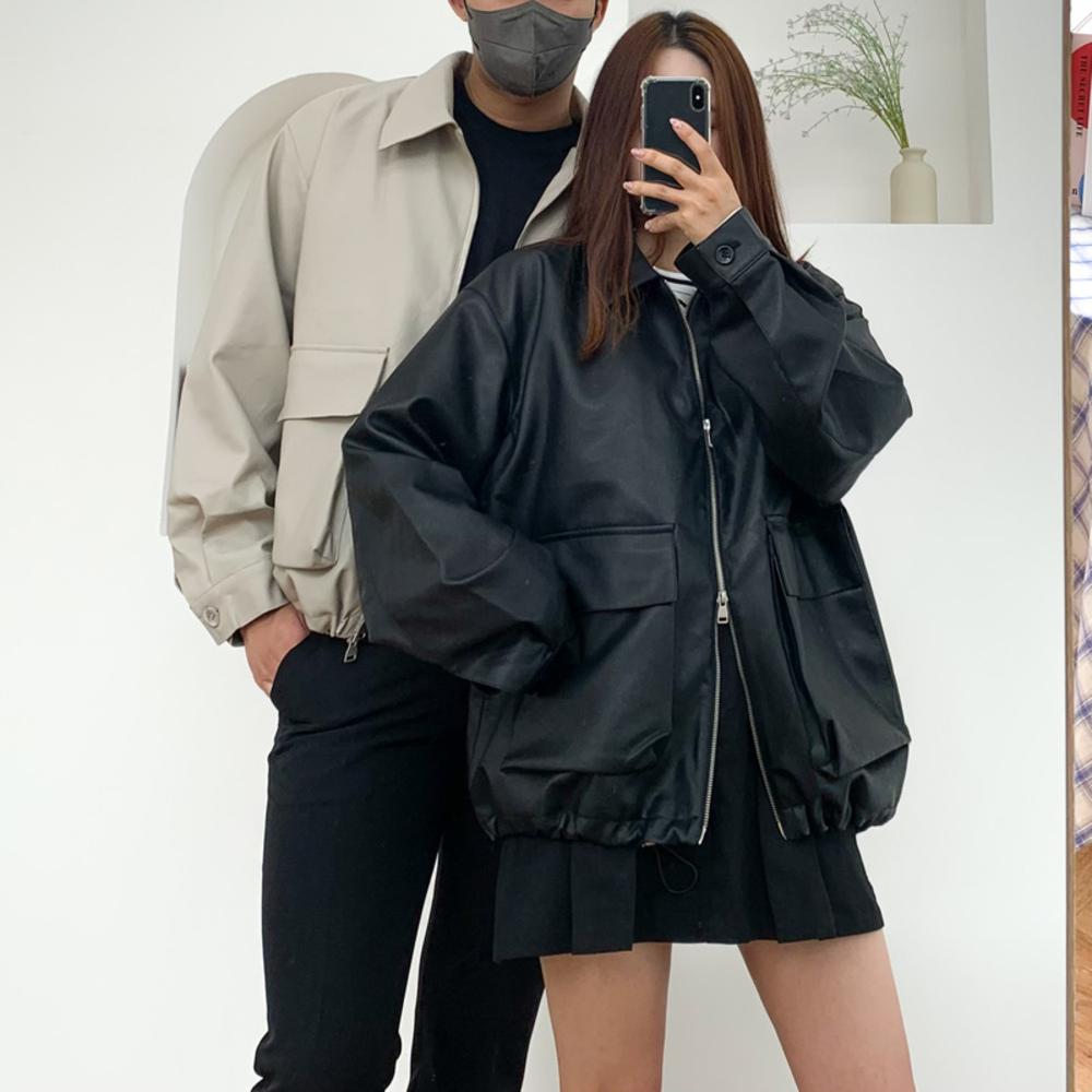 [누빔추가*/커플자켓/고퀄리티/커플룩강추!] 빅사이즈 꾸안꾸 무지 가죽 점퍼 라이더 스트링 레더 자켓 봄 가을 간절기 겨울 커플 시밀러룩