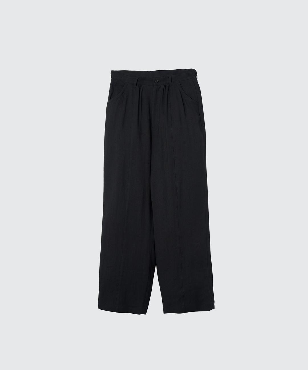 Linen Acetate Front Gather Wide Trousers (Black)