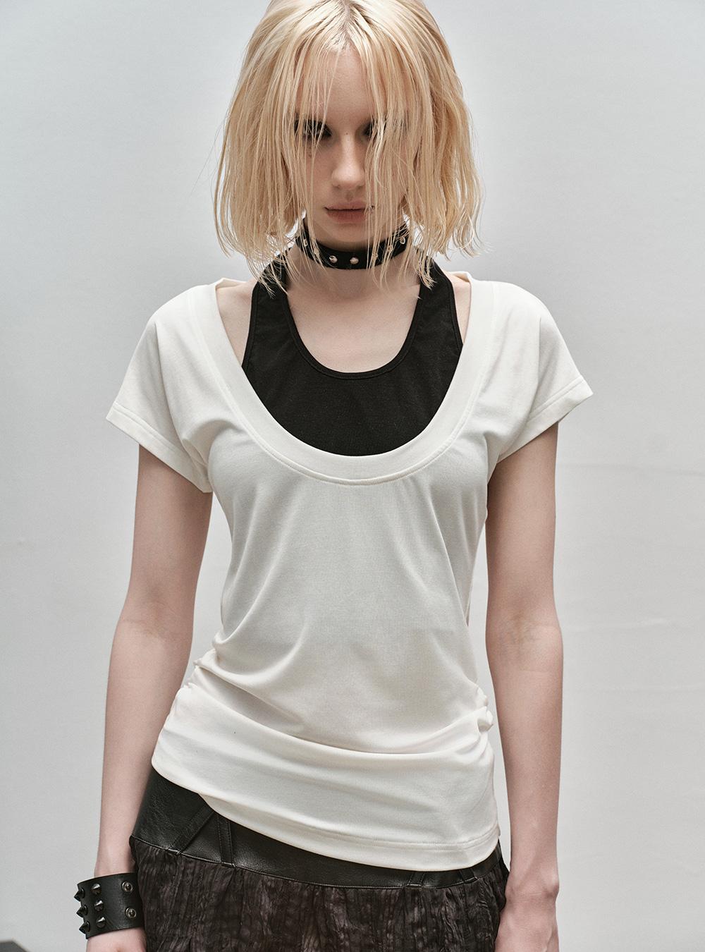 Solid Color Contrast Fake Two-Piece T-Shirt