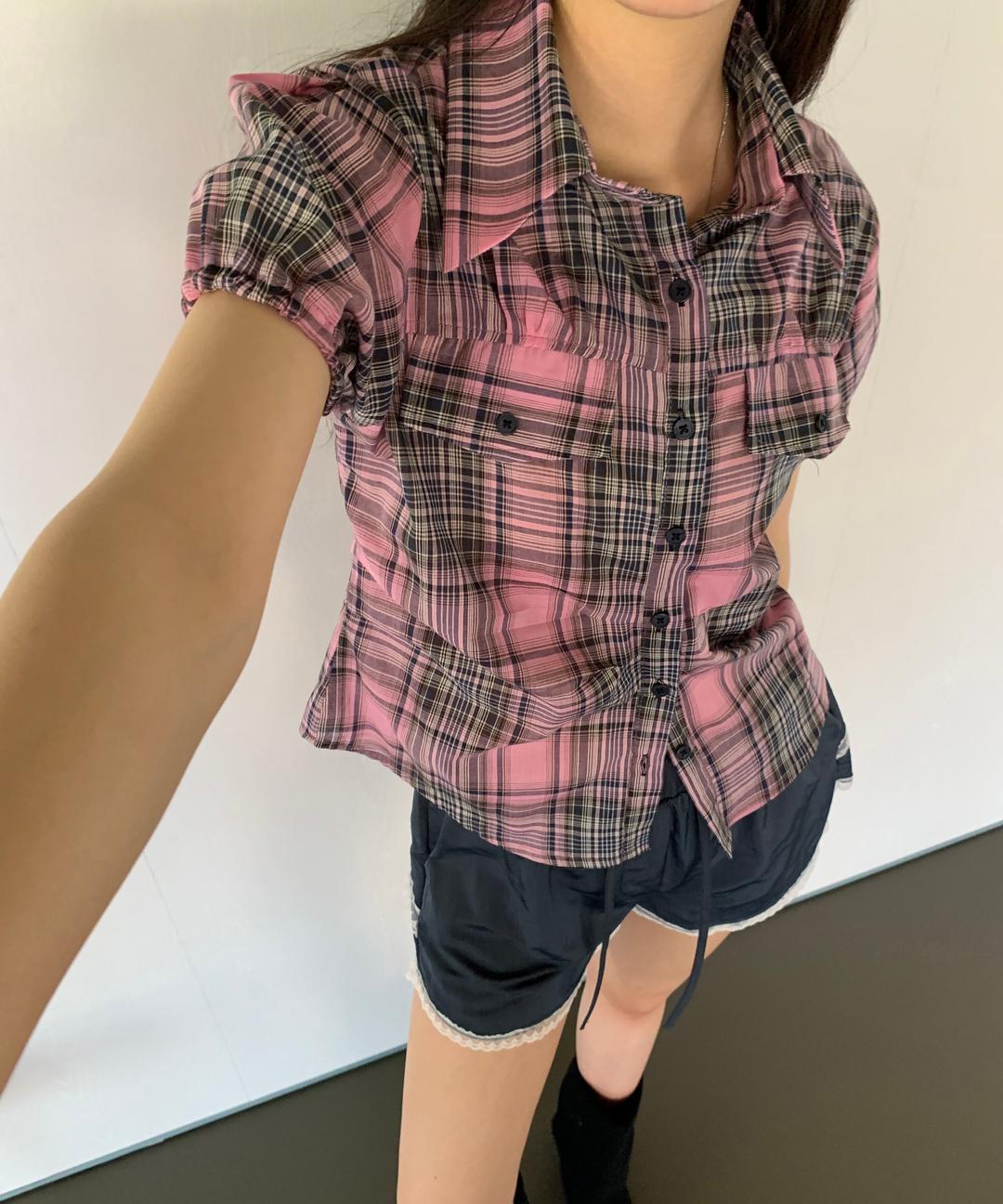 타이밍스 빈티지 체크 셔링 퍼프 반팔셔츠