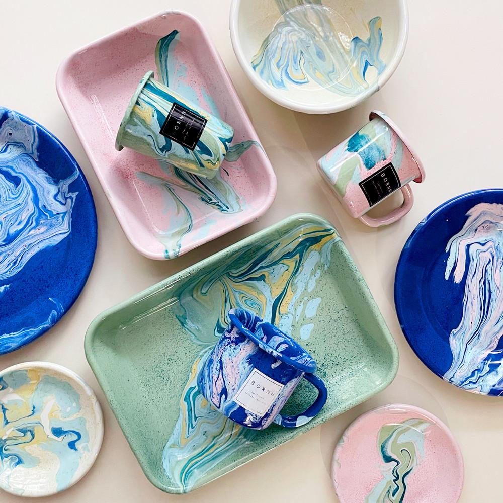 본에나멜웨어 뉴마블 법랑 머그 플레이트 접시 캠핑 오븐용 베이킹 그릇 보울 트레이