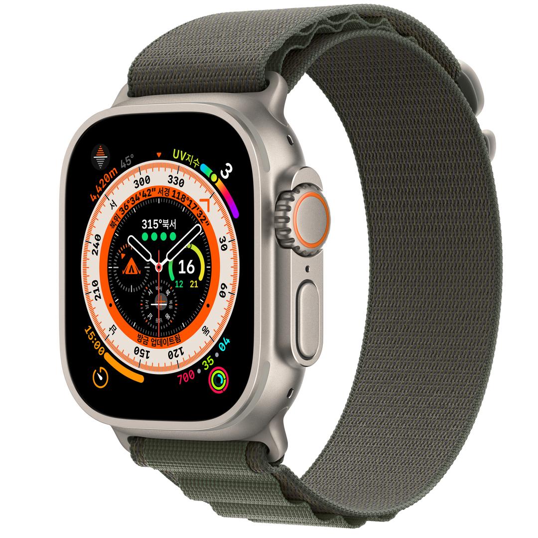Apple Watch Ultra GPS + Cellular, 49mm 티타늄 케이스, 그리고 그린 알파인 루프 - S
