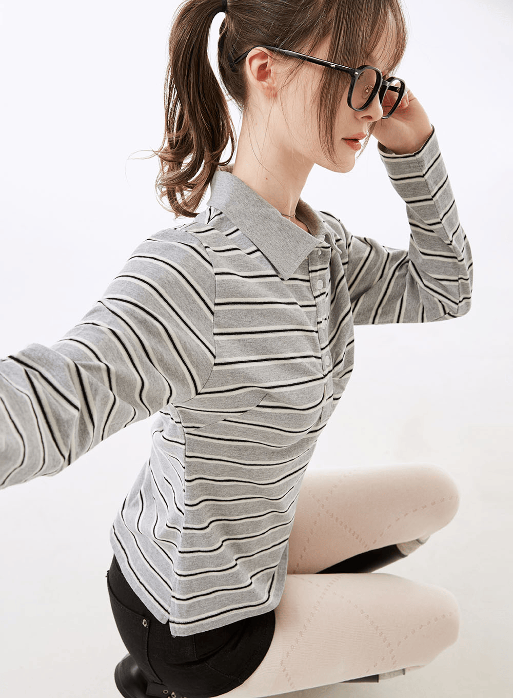 아펠 스트라이프 셔링 카라 긴팔티