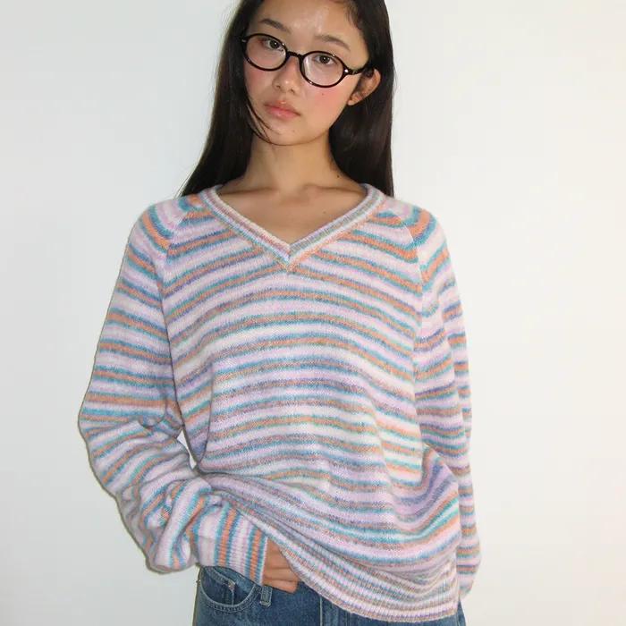 SOFT STRIPE V NECK KNIT PURPLE
