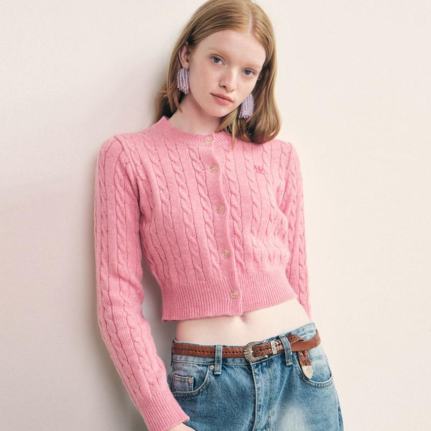 미니 꽈배기 자수 크롭 울 가디건-PK[TLHJFCD009] (겨울가디건/니트가디건/겨울아우터/크롭가디건/꽈배기가디건)