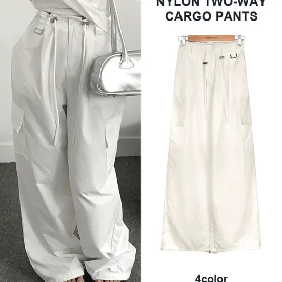 [1천장 돌파💜/휴가룩🌿/2way] 온니, 바스락 스포티 나일론 밑단 스트링 포켓 조거 와이드 카고 팬츠 (4color)