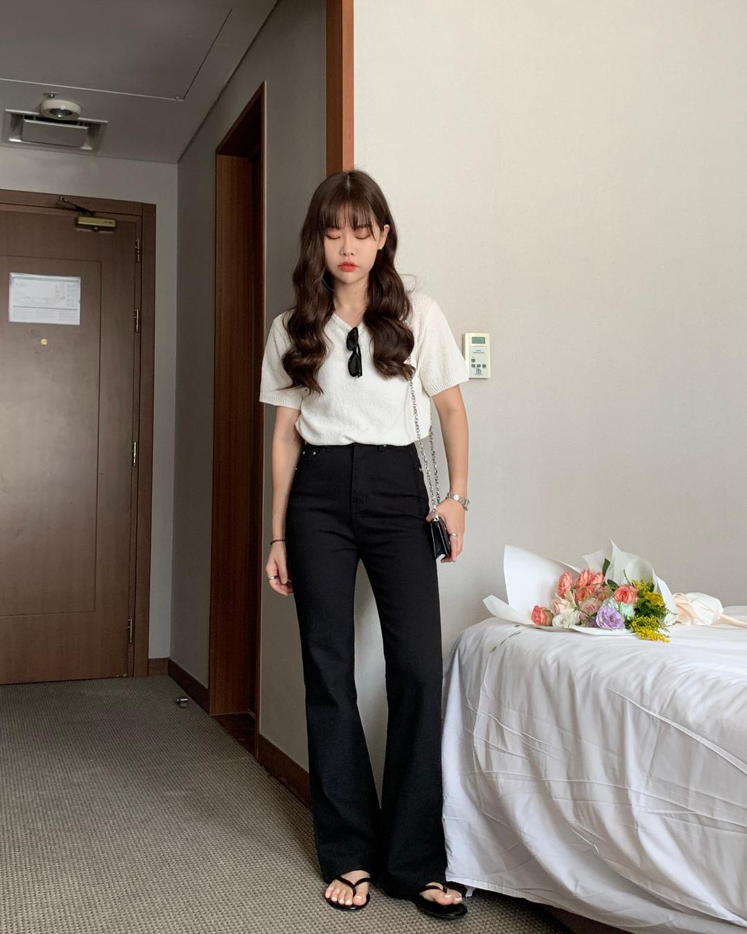 [ONLY] SLIM BLACK BOOTSCUT COTTON PANTS