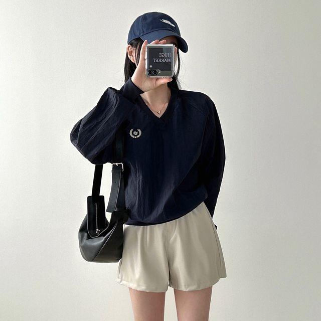 [꾸안꾸/오버핏] 나그랑 자수 브이넥 배색 맨투맨 - mtm_휴지마켓