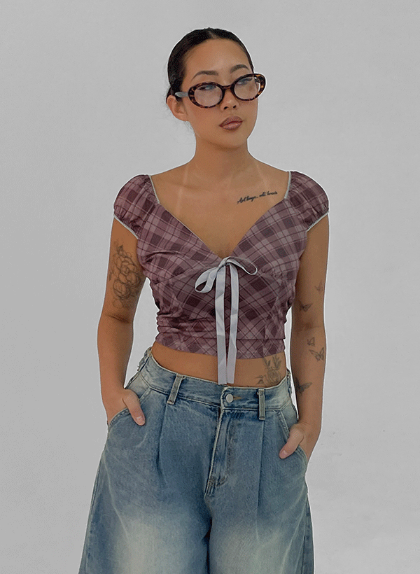 버터랩 베이건 체크 리본 퍼프 티셔츠
