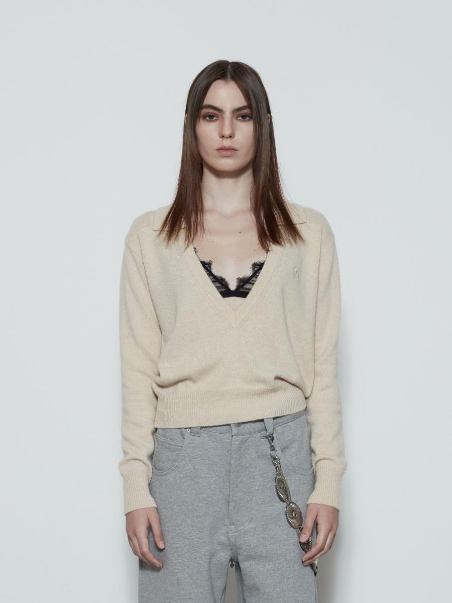 Deep V-Neck Polo Knit Top (Ecru)