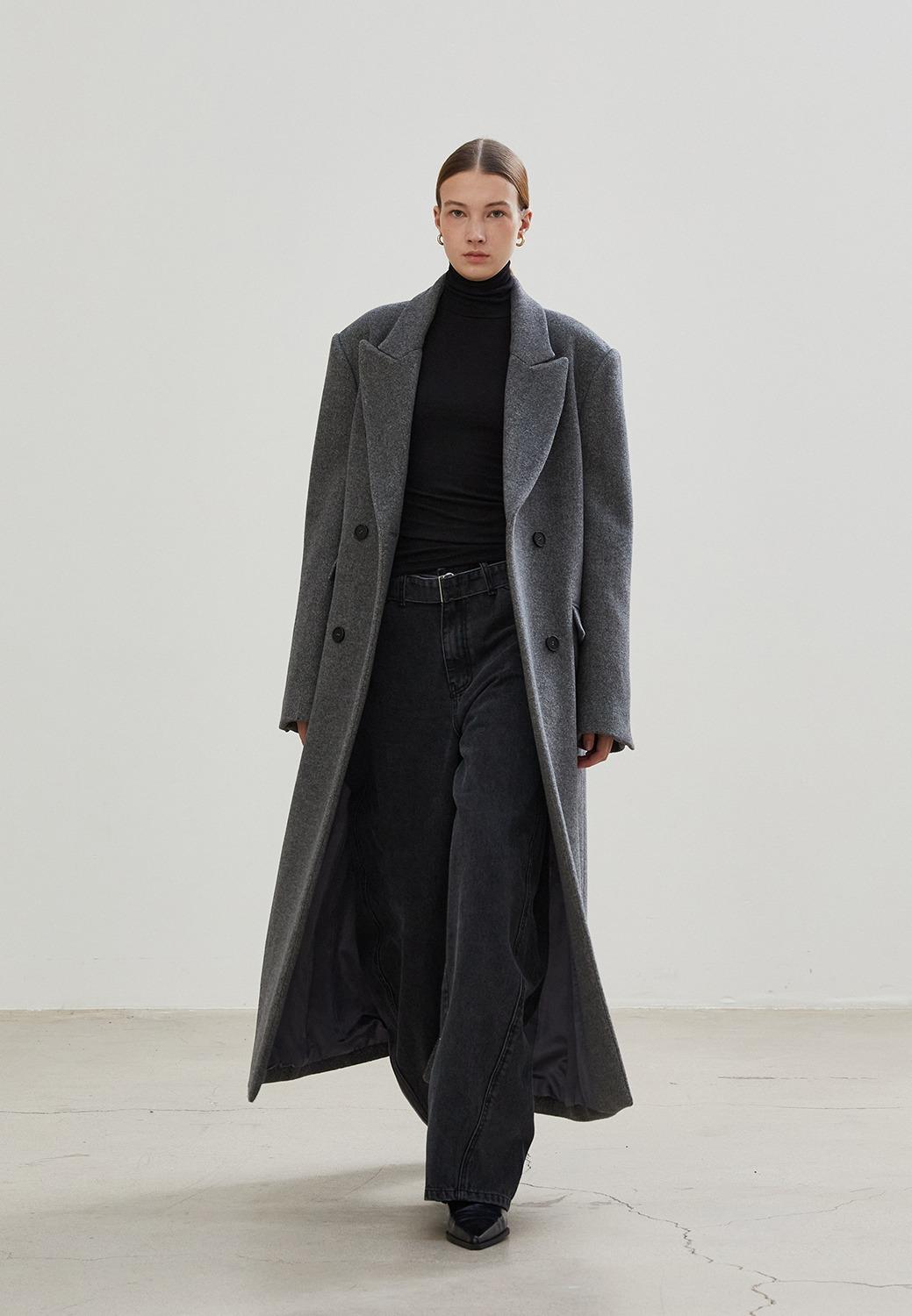 OVERFIT MAXI DOUBLE COAT(HERRINGBONE) - GRAY