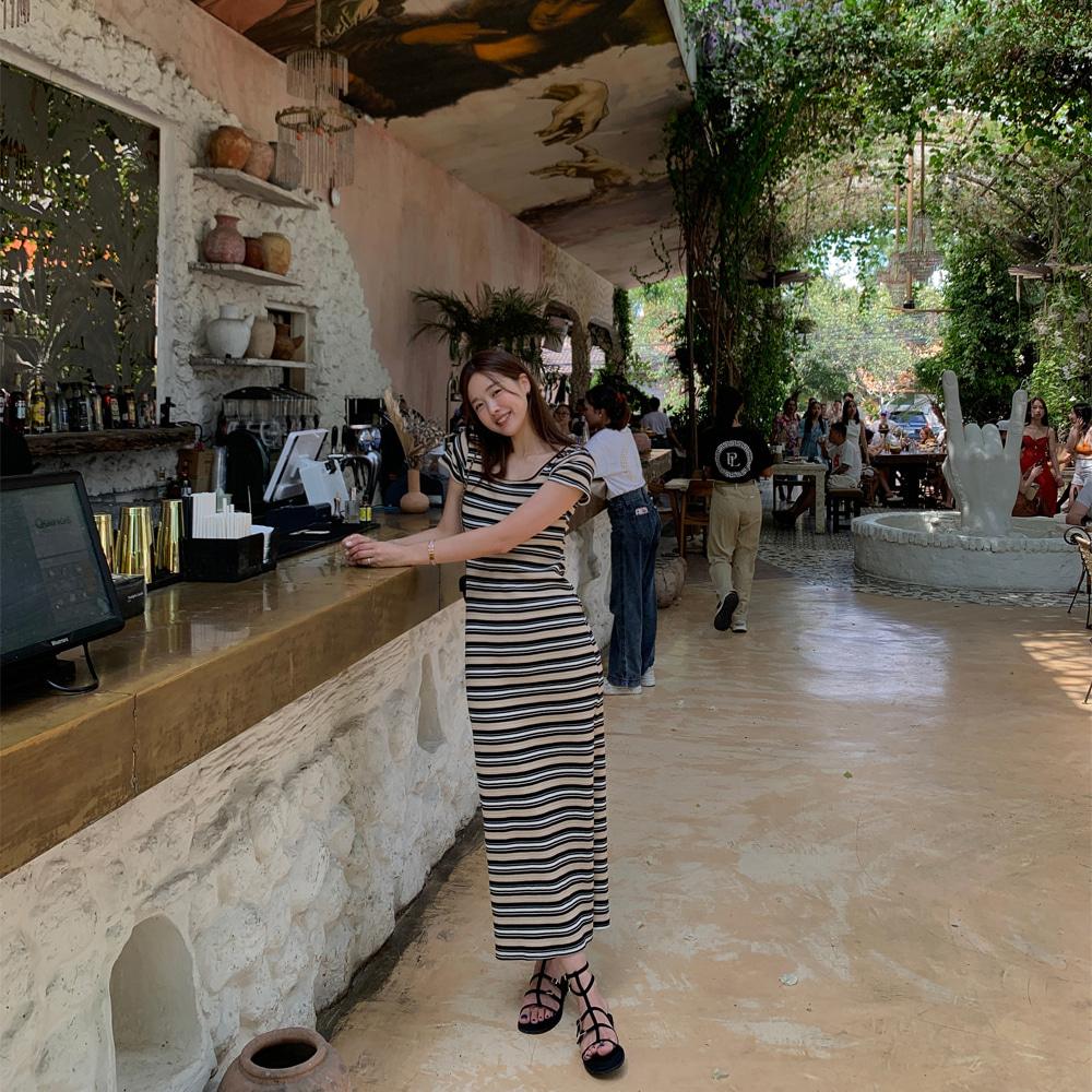 [made prostj] 토핑 스트라이프 반팔 원피스